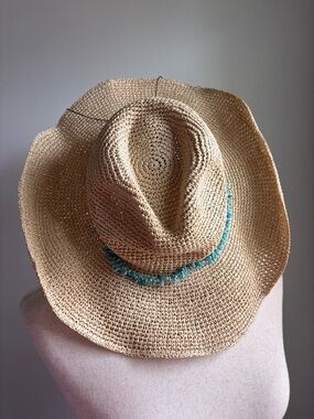 Hat Attack raffia cowboy-style sun hat turquoise beaded trim adjustable brim